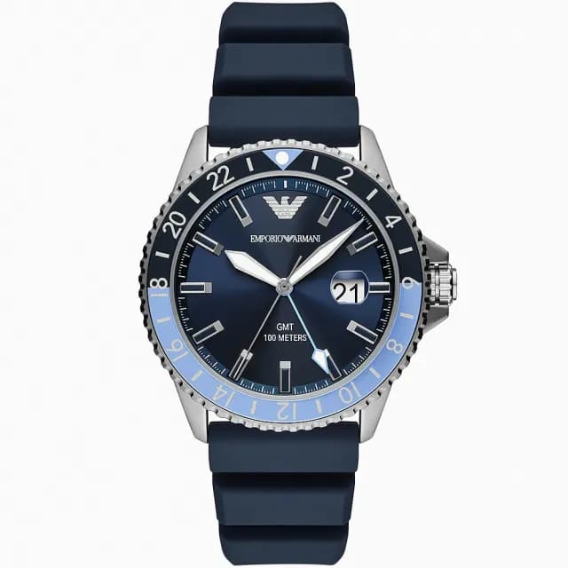 【EMPORIO ARMANI】亞曼尼 Diver 天空藍撞色GMT手錶-42mm 禮物 送禮 推薦(AR11592)
