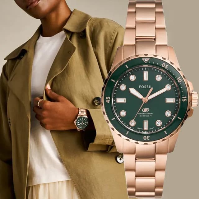 【FOSSIL】Blue Dive 潛水晶鑽女錶-綠/36mm 禮物 送禮 推薦(ES5371)