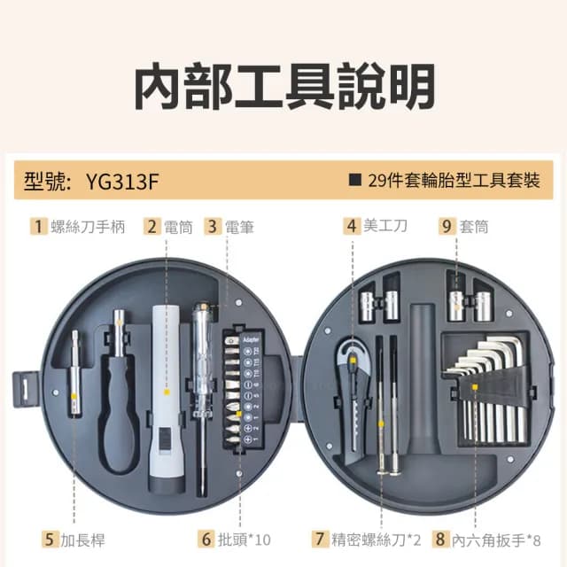 【Nil】29件套輪胎型工具套裝 五金組合螺絲刀收納箱 便攜電筒美工刀批頭扳手電筆