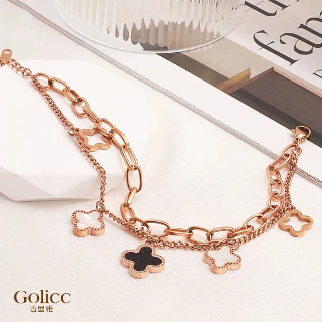 【Gulicc】鈦鋼 四葉草 輕奢 雙層手鍊(雙11 聖誕節 生日 手環 手繩 首飾 飾品 禮物)