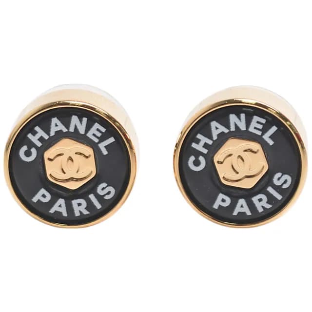 【CHANEL 香奈兒】經典品牌LOGO圓形造型穿式耳環(黑/金色ABC341-BLK-OR)