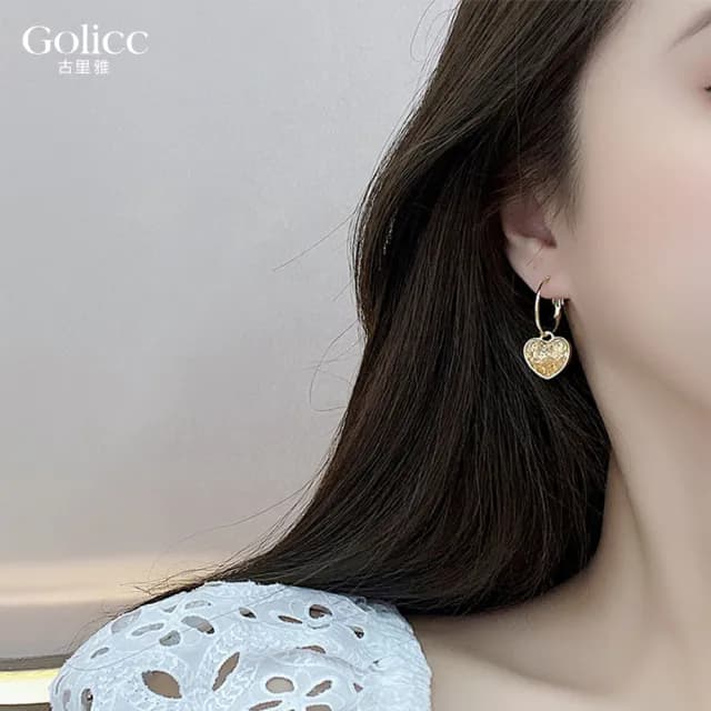 【Golicc】耳環 香檳色漸變水晶愛心(七夕 情人節 生日 飾品 耳釘 耳飾 耳墜 禮物)