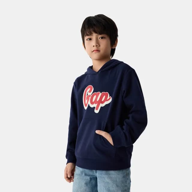 【GAP】兒童裝 Logo印花帽T 碳素軟磨法式圈織系列-海軍藍(687366)