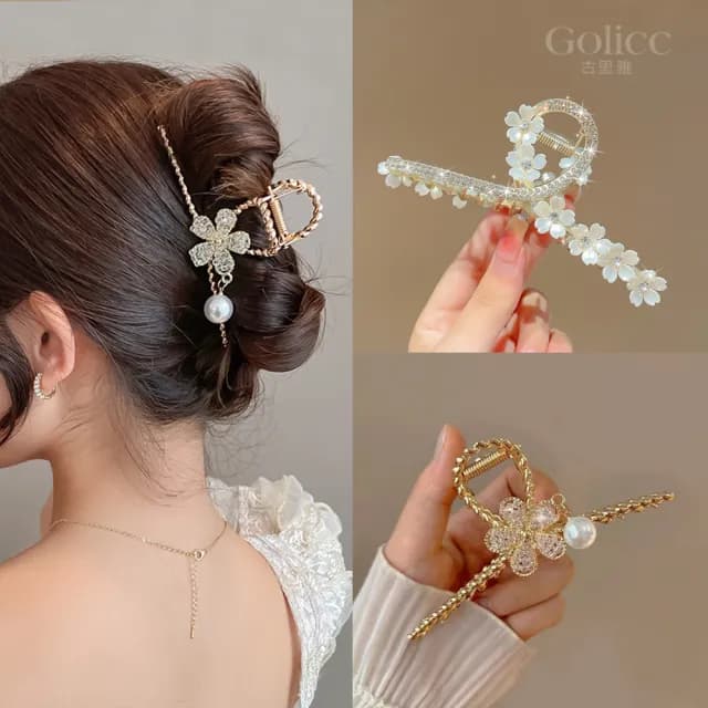 【Golicc】髮夾 金色沁雅 仙氣 大抓夾(雙11 聖誕節 生日 髮飾 頭飾 鯊魚夾 抓夾 禮物)