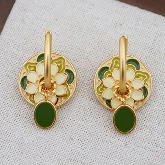【Jpqueen】中式復古彩色花朵滴油耳環(金綠色)