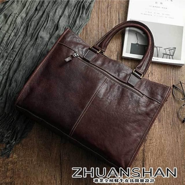 【ZHUANSHAN】母親節禮物 男女款植鞣牛皮商務公事包 手提包 肩背包(黑色／棕色／咖啡色)