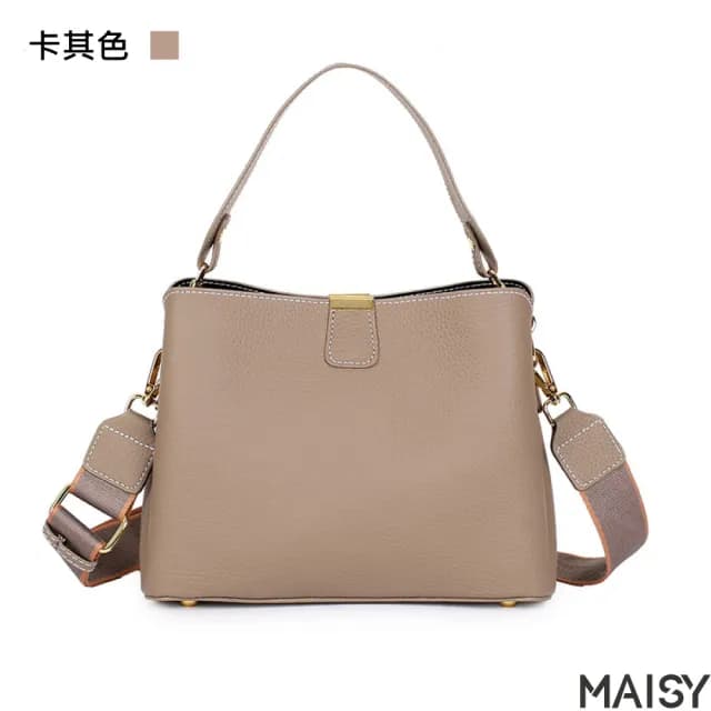 【MAISY】情人節禮物 真皮 時尚百搭雙肩帶質感頭層牛皮手提包(真皮包包 棕色／黑色／綠色／米色／卡其色)