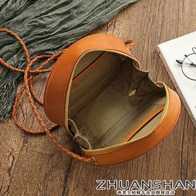 【ZHUANSHAN】情人節禮物 真皮 新款植鞣牛皮編織肩帶圓餅包 肩背包(真皮包包 黃色 / 綠色 / 咖啡色 / 黑色)