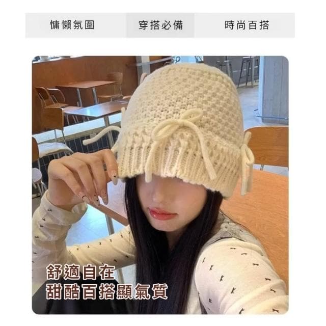 【小美帽】針織可愛蝴蝶結漁夫帽(韓系 外出穿搭 拍照 毛帽 帽子 禮物  包頭帽 護耳帽 顯臉小 百搭 盆帽)