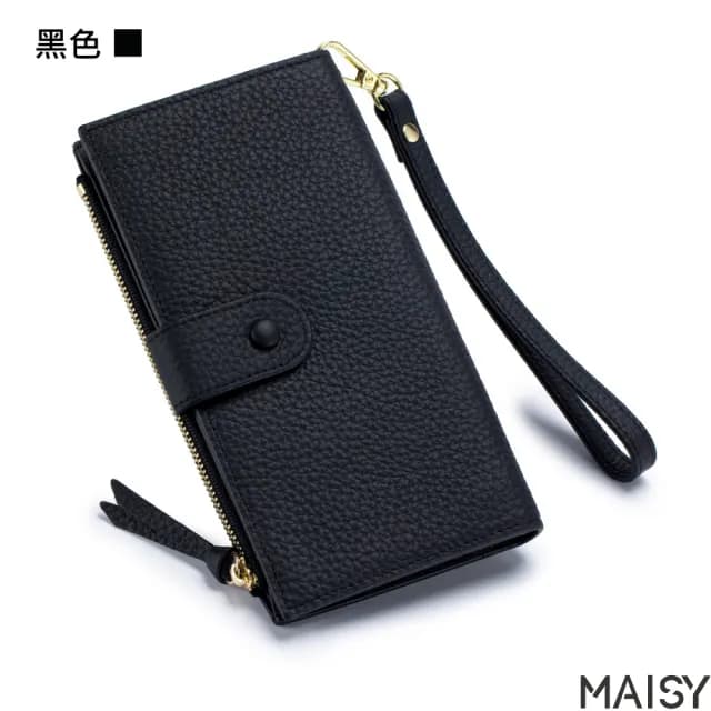 【MAISY】真皮包包  質感頭層牛皮簡約純色多夾層錢包 長夾(棕色 / 卡其色／藍色／紫色／橘色 / 黑色)