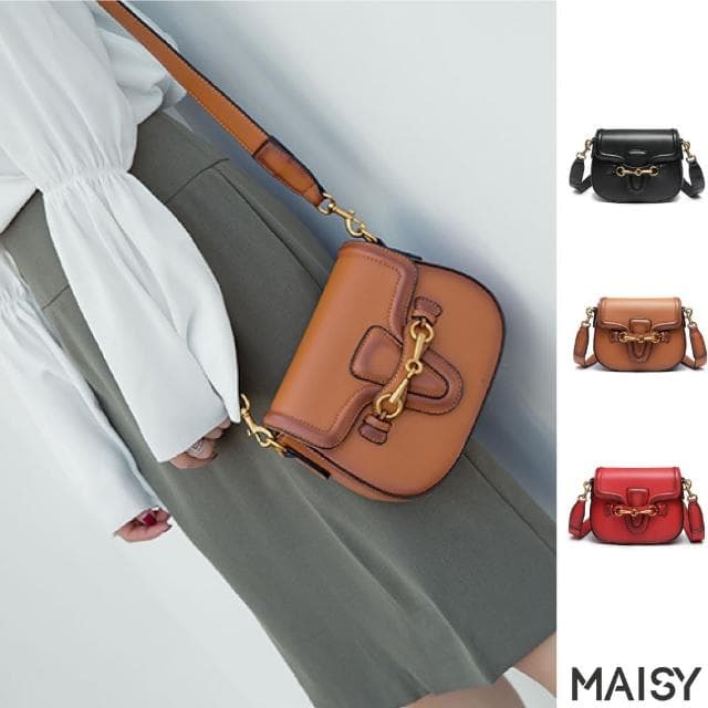 【MAISY】母親節禮物 復古雙肩帶鞍馬大小款單肩包(現+預  棕色／黑色／紅色)