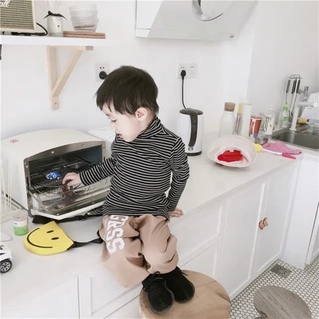 【橘魔法】百搭全棉條紋高領長袖上衣(打底衫 內搭衣 女童 童裝 兒童 男童 中性款)