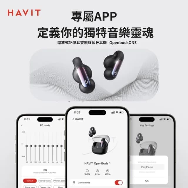 【Havit 海威特】OPENBUDS1 AI降躁開放式無線藍芽耳機(APP調音 自訂按鍵 TWS藍牙 記憶金屬夾 IPX4防水)