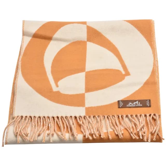 【Hermes 愛馬仕】經典Casaque Charms muffler克什米爾羊毛流蘇圍巾(橘/米色H259090S-ORG)