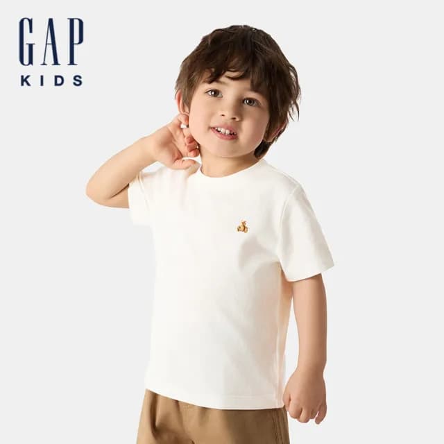 【GAP】男幼童裝 純棉小熊刺繡圓領短袖T恤-白色(707178)