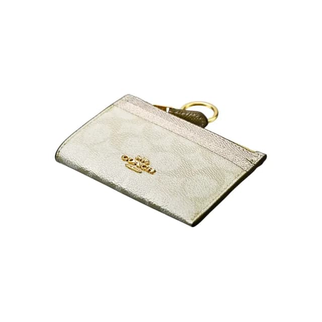 【COACH】Logo PVC前卡夾鑰匙零錢包(香檳金C)