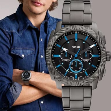【FOSSIL】Machine 簡約撞色工業風三眼計時手錶-黑x藍/44mm 母親節 送禮 禮物(FS6098)