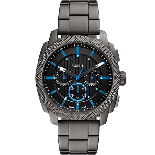 【FOSSIL】Machine 簡約撞色工業風三眼計時手錶-黑x藍/44mm 禮物 送禮 推薦(FS6098)