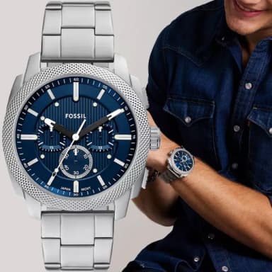 【FOSSIL】Machine 簡約工業風三眼計時手錶-銀x藍/44mm 禮物 送禮 推薦(FS6096)