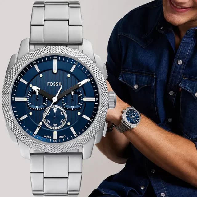 【FOSSIL】Machine 簡約工業風三眼計時手錶-銀x藍/44mm 禮物 送禮 推薦(FS6096)