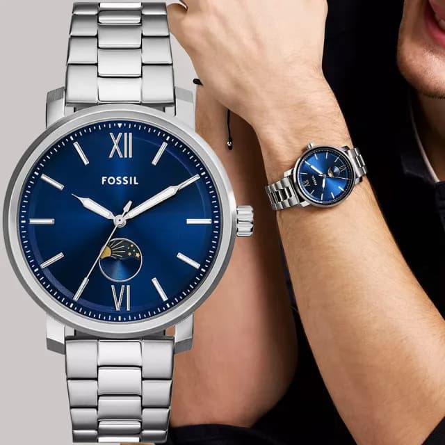 【FOSSIL】Rhett 日月相手錶-銀x藍/43mm 禮物 送禮 推薦(BQ2909)