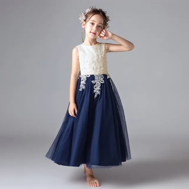 【橘魔法】刺繡珍珠蕾絲拼接深藍長裙禮服(花童 畢業 澎澎裙 全家福 婚禮 紗裙 女童 童裝)