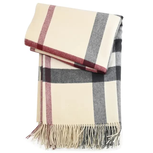 【BURBERRY 巴寶莉】英系經典格紋100%喀什米爾羊毛保暖披肩長圍巾/毛毯(米白)