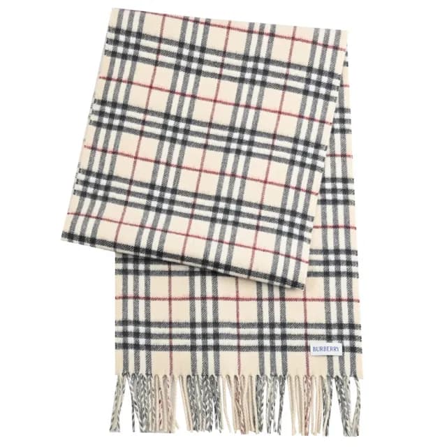 【BURBERRY 巴寶莉】英系經典格紋100%喀什米爾羊毛保暖雙面披肩長圍巾(米白)