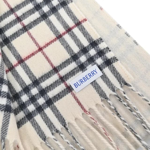 【BURBERRY 巴寶莉】英系經典格紋100%喀什米爾羊毛保暖雙面披肩長圍巾(米白)