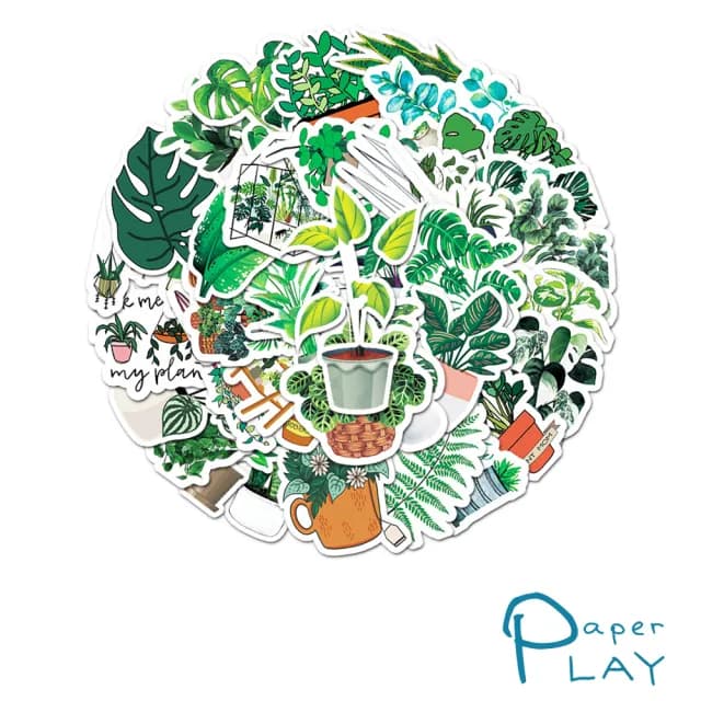 【Paper Play】創意多用途防水貼紙-生機盎然綠色盆栽植物 50枚入(防水貼紙 行李箱貼紙 手機貼紙 水壺貼紙)