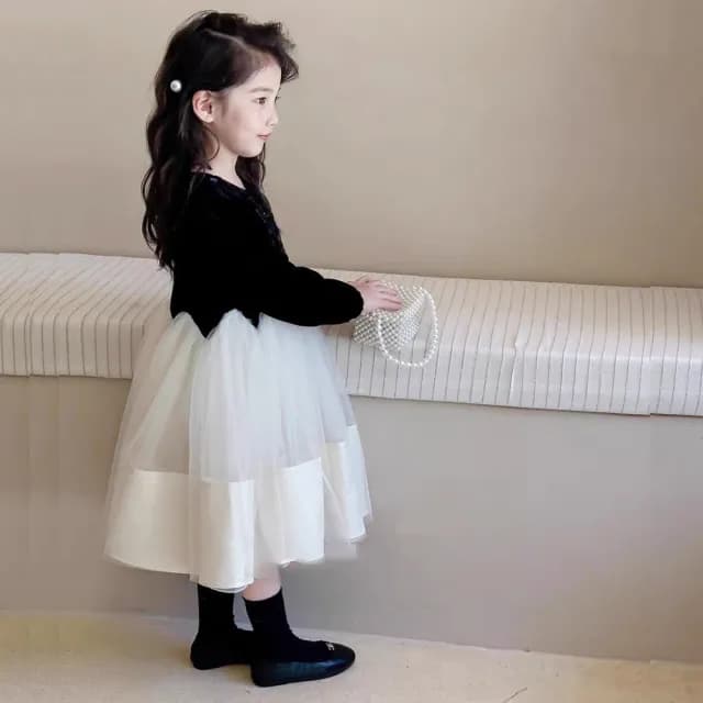 【橘魔法】典雅拼接亮片紗裙洋裝(連衣裙 連身裙 長袖洋裝 女童 童裝 兒童 禮服 攝影 女童 兒童 童裝)