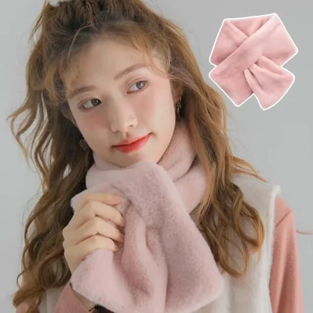 【軟系溫柔】韓版保暖可愛仿兔毛百搭圍巾(加厚 脖圍 交叉圍巾 女 學生 上班族 秋冬 穿搭配件 粉紅)