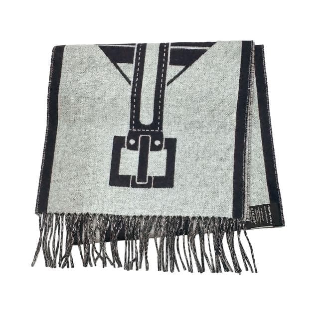 【Hermes 愛馬仕】H259151S 02 Casaque Les Sangles經典羊毛雙面編織流蘇圍巾(藍灰色)