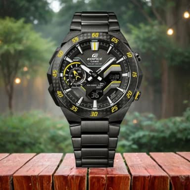 【CASIO 卡西歐】EDIFICE 賽車方格旗 太陽能藍芽手錶-黑x黃色 送禮 禮物 推薦(ECB-2200RC-1A9)