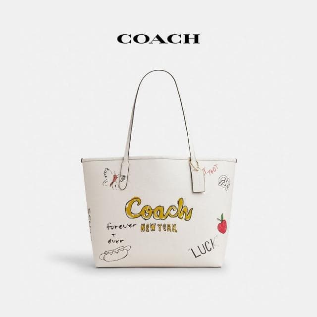 【COACH】蔻馳官方直營 CITY素描印花托特手袋-IM/粉筆白色 混合色(CAK18)