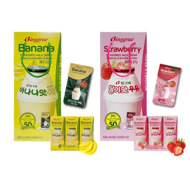 【韓味不二】Binggrae50週年香蕉牛奶禮盒-200mlx18入附贈胖胖瓶鑰匙圈-節慶送禮(香蕉牛奶/草莓牛奶)
