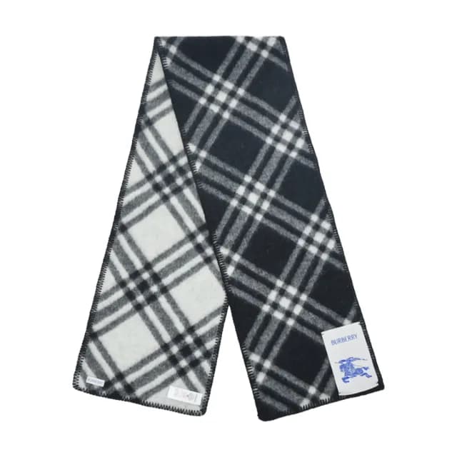 【BURBERRY 巴寶莉】格紋標籤羊毛圍巾(黑色)