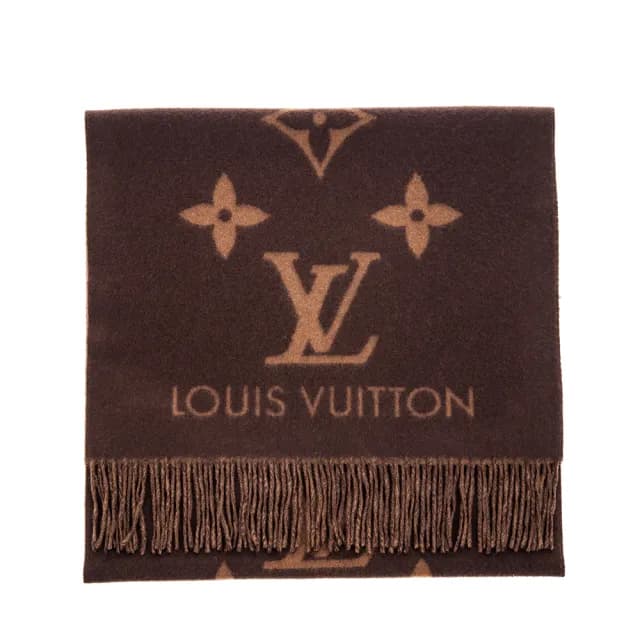 【Louis Vuitton 路易威登】M78125 新款雙色Monogram圖案山羊絨Reykjavik流蘇圍巾(咖啡色)