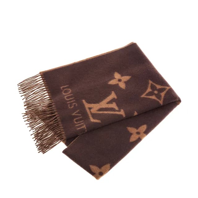 【Louis Vuitton 路易威登】M78125 新款雙色Monogram圖案山羊絨Reykjavik流蘇圍巾(咖啡色)