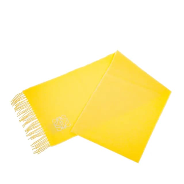 【LOEWE 羅威】經典刺繡Anagram 圖案羊毛羊絨混紡流蘇圍巾(黃色)