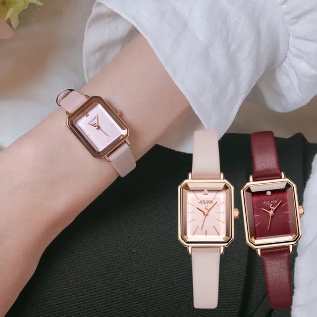 【JULIUS 聚利時】巴塞隆納 皮革切割鏡面方形腕錶 JA-1231(四色/20X30mm)