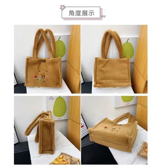 【可愛禮物】玫瑰卡皮巴拉毛絨手提袋(水豚君 手拎包 手提包 隨身包包 旅行 手拿包 單肩包 托特包 書包)