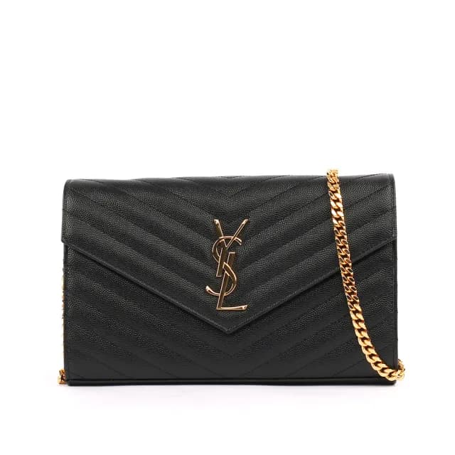 【YSL】V紋荔枝皮 霧金鏈 WOC斜背包(黑色)