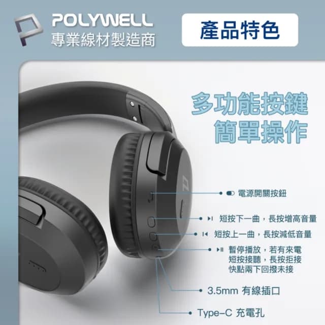 【POLYWELL】全罩式無線藍牙頭戴耳機