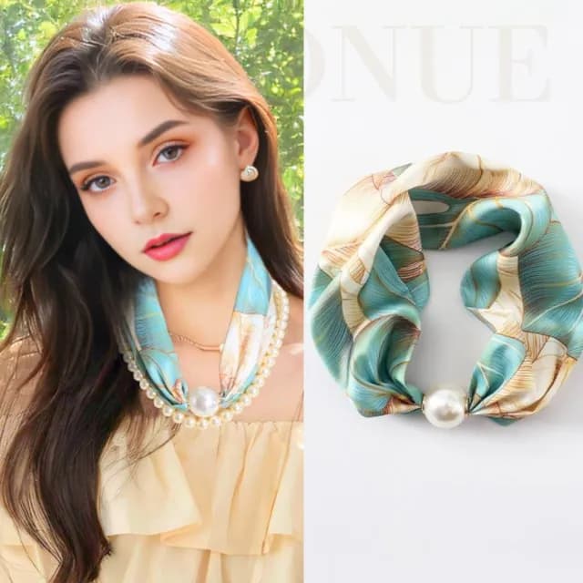 【WOONUE】貴婦高級磁扣絲巾項鍊珍珠樣式絲綢質感領巾圍巾項鍊(送禮母親節老婆媽媽女友閨蜜朋友姐妹禮物)