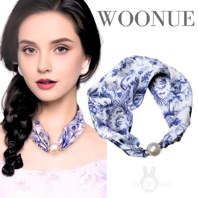 【WOONUE】貴婦高級磁扣絲巾項鍊珍珠樣式絲綢質感領巾圍巾項鍊(送禮母親節老婆媽媽女友閨蜜朋友姐妹禮物)