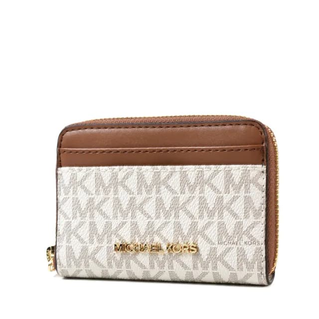 【Michael Kors】緹花LOGO防刮皮革拉鍊零錢包/卡包-白/棕