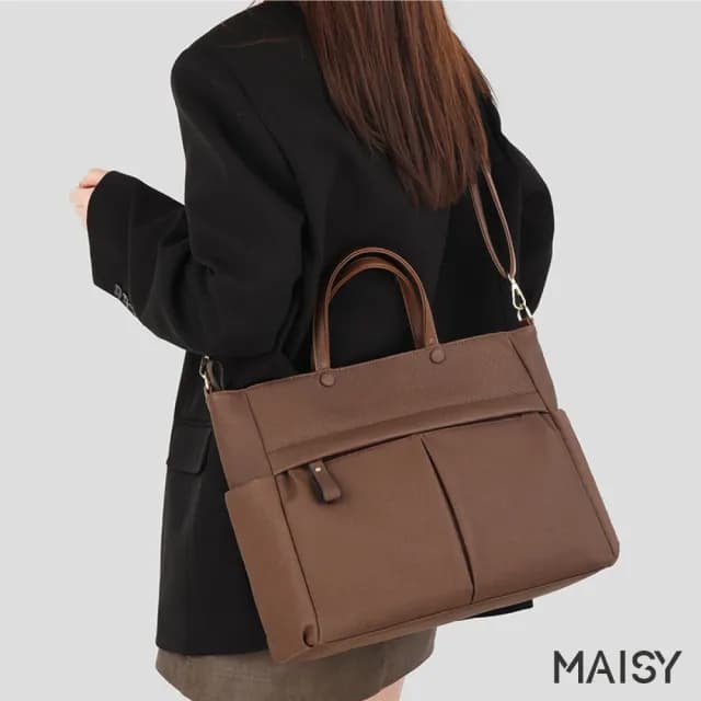 【MAISY】情人節禮物 通勤實用手提肩背電腦包 托特包 公事包(咖啡色／紅色／黑色)