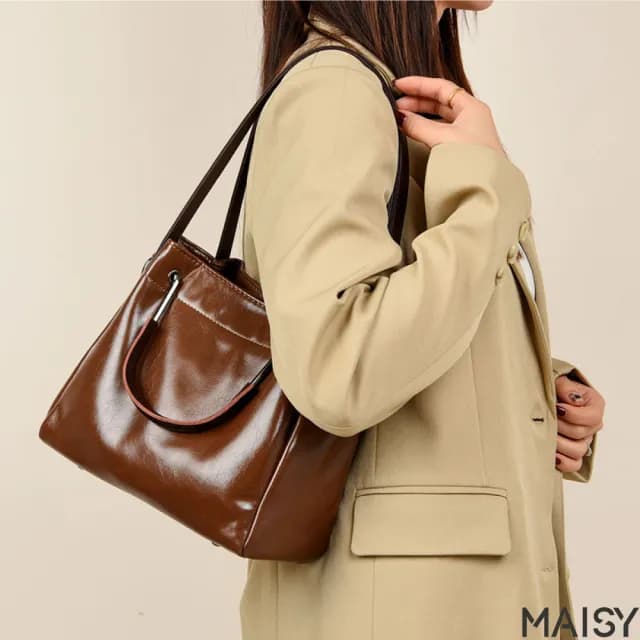【MAISY】情人節禮物 復古高質感大容量水桶包 手提包 肩背包(咖啡色／紅色／黑色)