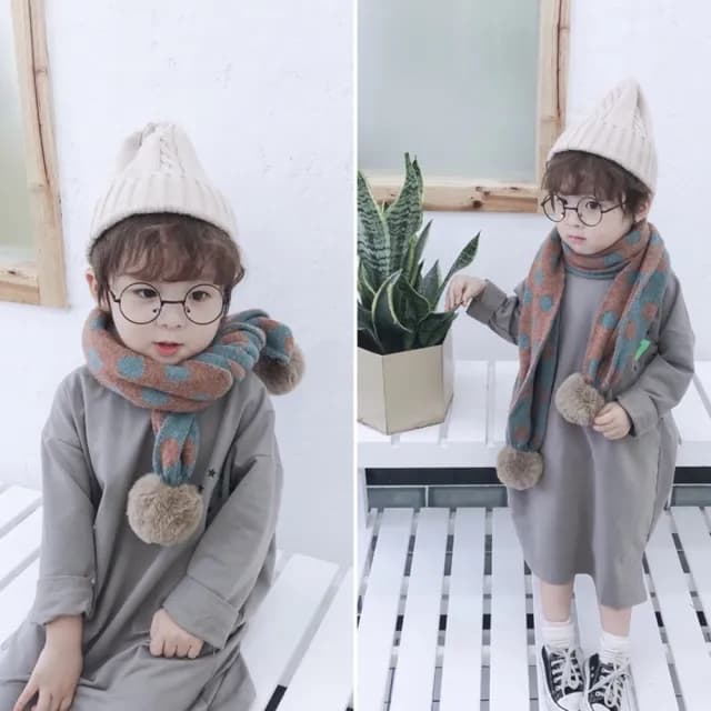 【安朵童舖】現貨日韓版兒童毛線圍巾復古圓點兒童圍巾針織雙面男童毛線球圍巾女童圍巾小童圍巾(105)